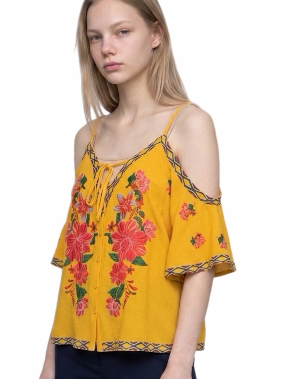 FLYING TOMATO Mustard Yellow Cold-Shoulder Floral Top with Front Tie Small